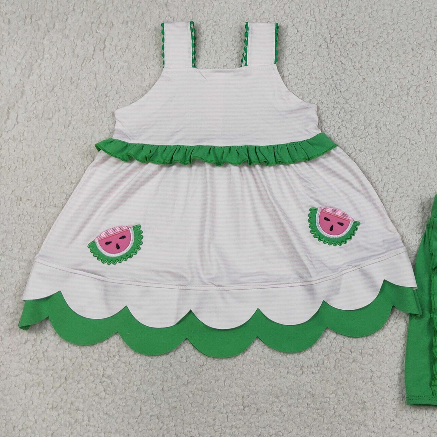 RTS NO MOQ milk silk GSSO3164 Baby Girls Watermelon Embroidery Scallop Tunic Ruffle Shorts Set