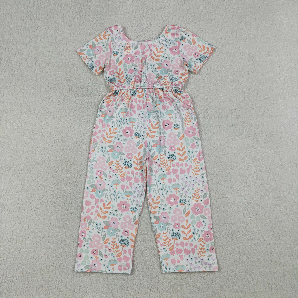 RTS NO MOQ SR3987 Baby Girls Pink Floral Short Sleeve Jumpsuit with Pockets Cute Outfit for Little Ones