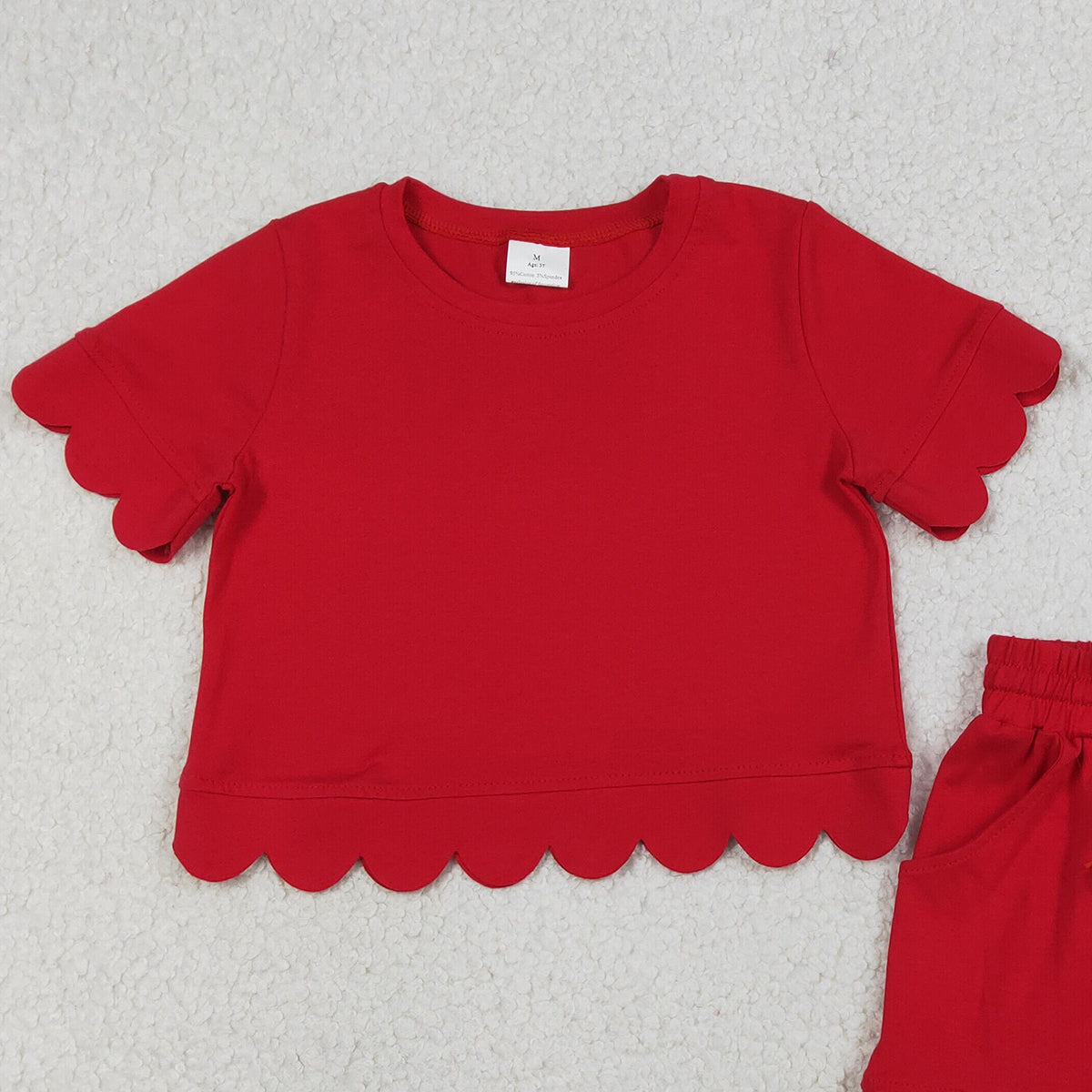 RTS NO MOQ GSSO3177 Baby Girls Red Scallop Top And Shorts Set Short Sleeve Clothing Outfit for Little Girls