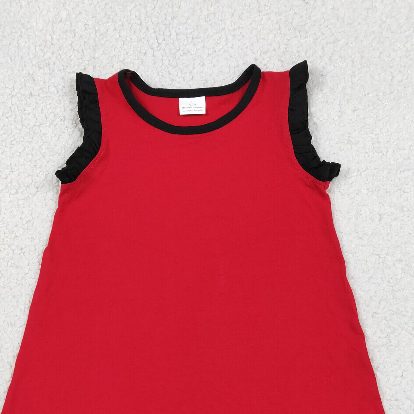 RTS NO MOQ cotton GSD4057 Baby Girls Black Red Two Tone Sleeveless Dress With Scallop Edge