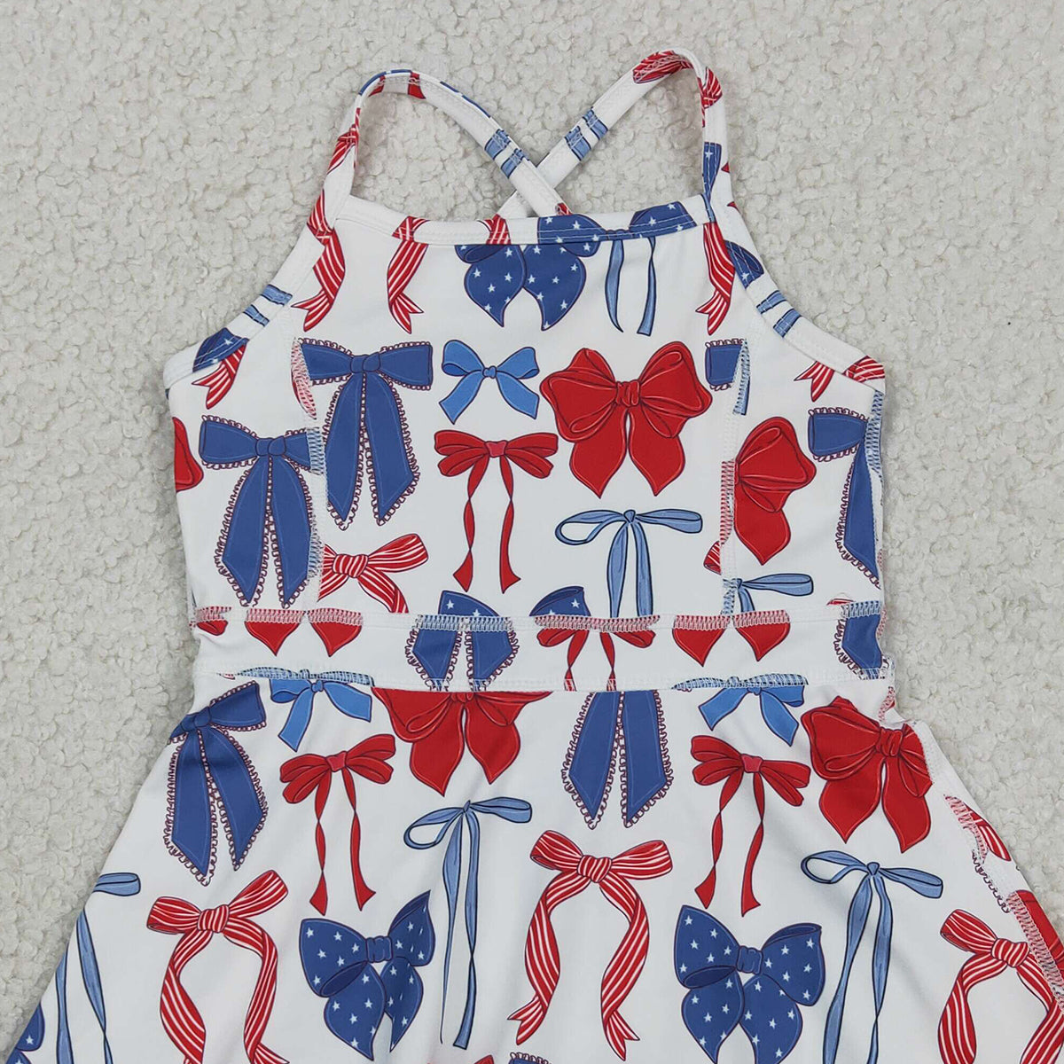 RTS NO MOQ GSD4064 Toddler Girls Blue Red Bows Strap Yoga 4th of July Knee Length Dress