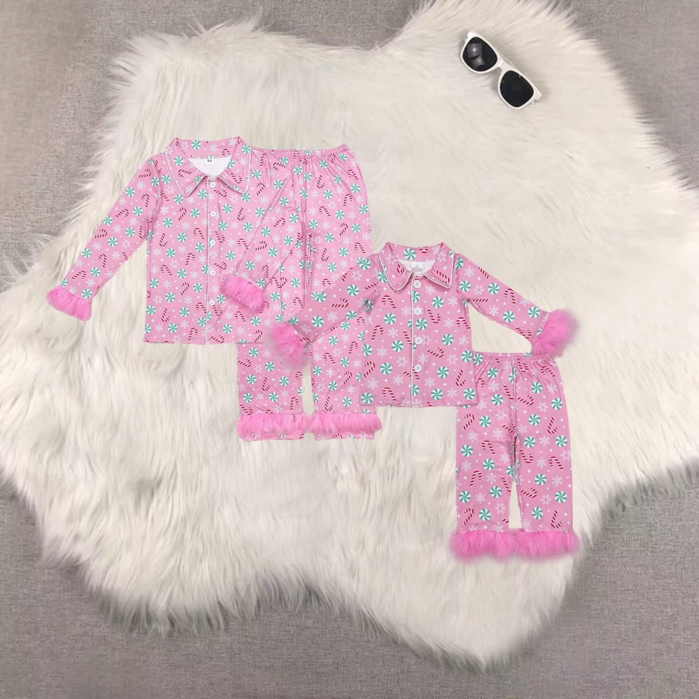 RTS NO MOQ Baby Girls and adults women Christmas Striped Candy Cane-Candy Pink Plush Button Long Sleeve Long Pants Pajama Set