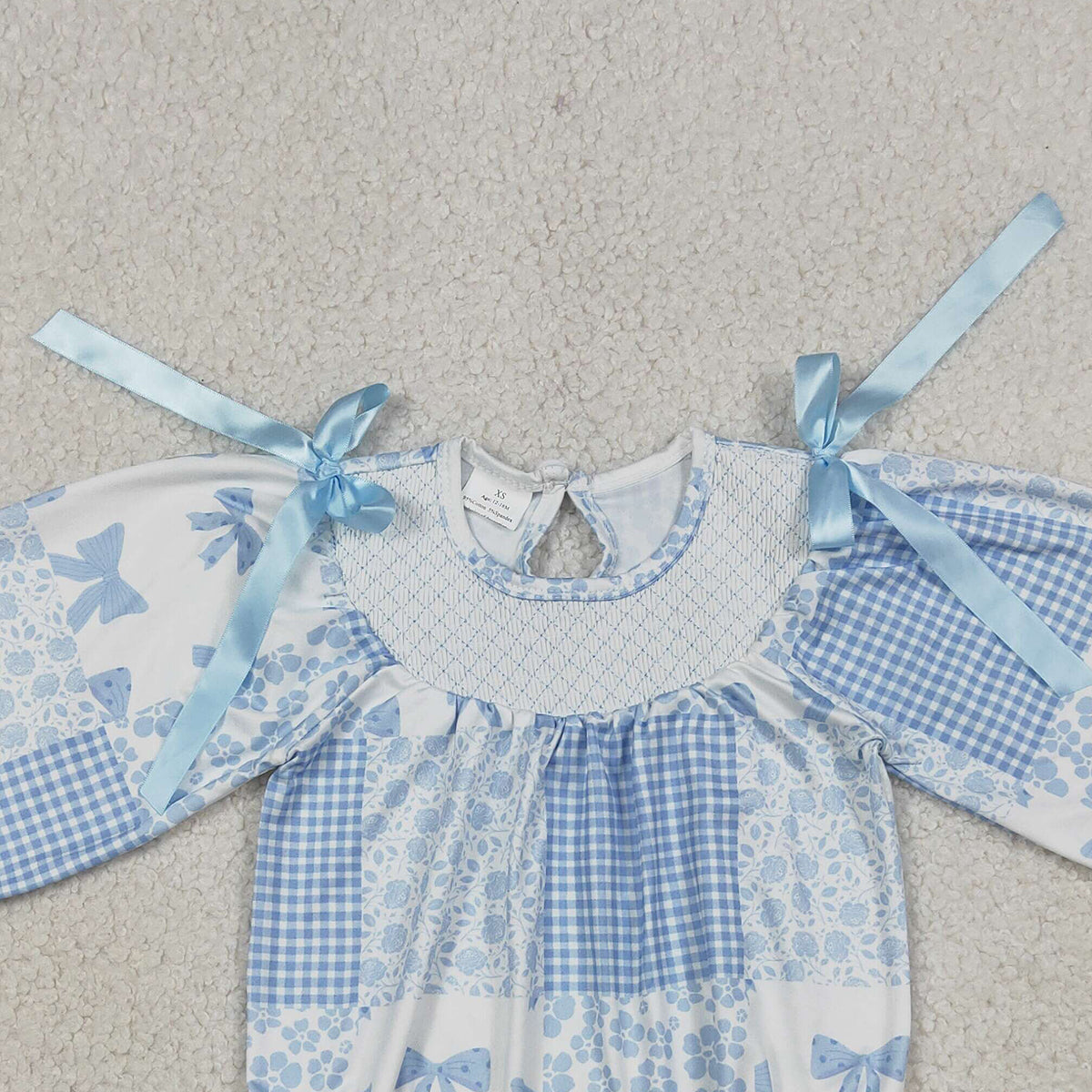 RTS NO MOQ LR2931 Smocked Checked Baby Girls Rompers with Blue Bows And Flowers Ruffle Cute Infant Outfit