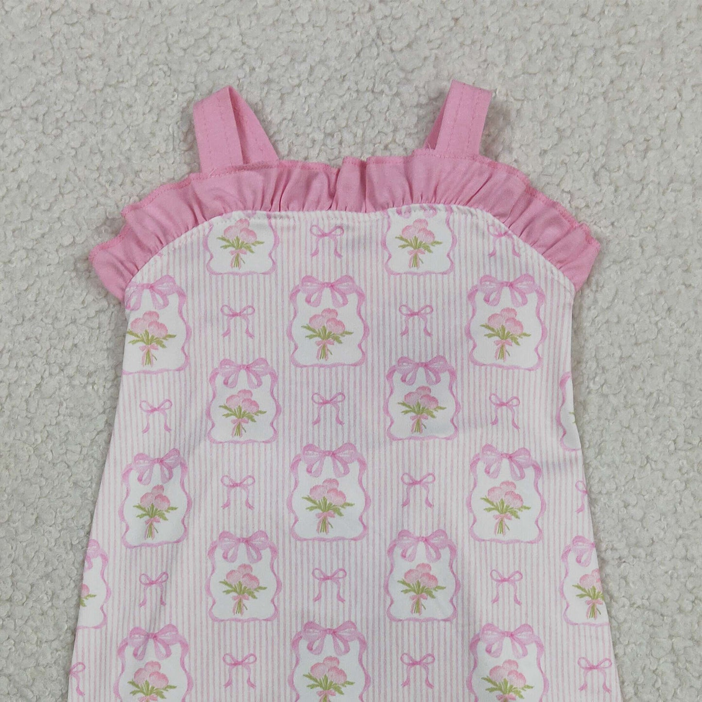 RTS NO MOQ SR4112 Baby Girls Pink Strap Floral Back Bows Ruffle Sleeveless Rompers