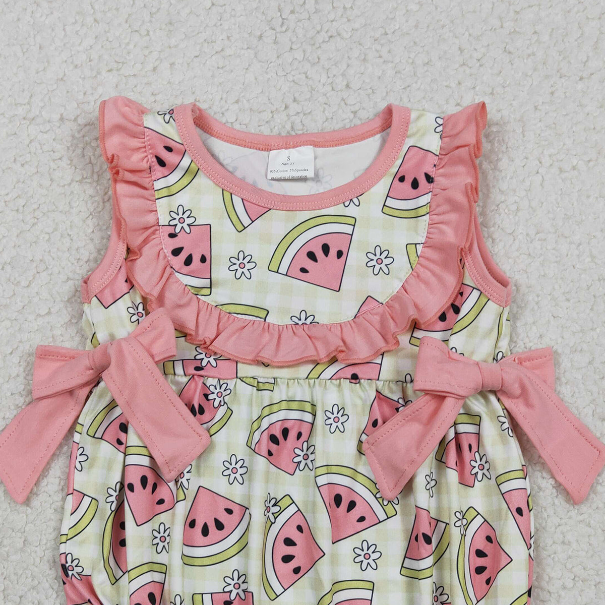 RTS NO MOQ SR3920 Baby Girls Sleeveless Rompers Green Checked with Watermelons Print Ruffle Design for Infants