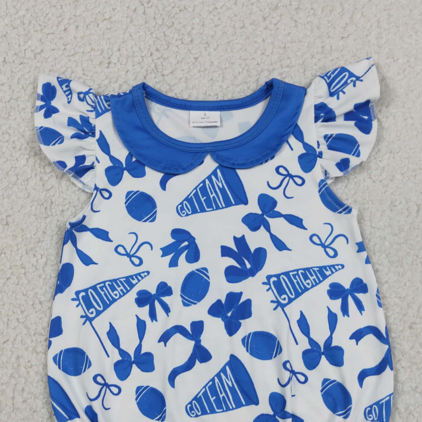 RTS NO MOQ milk silk SR3192 Baby Girls Cute Blue Cheer Team Flutter Sleeve Ruffle Rompers