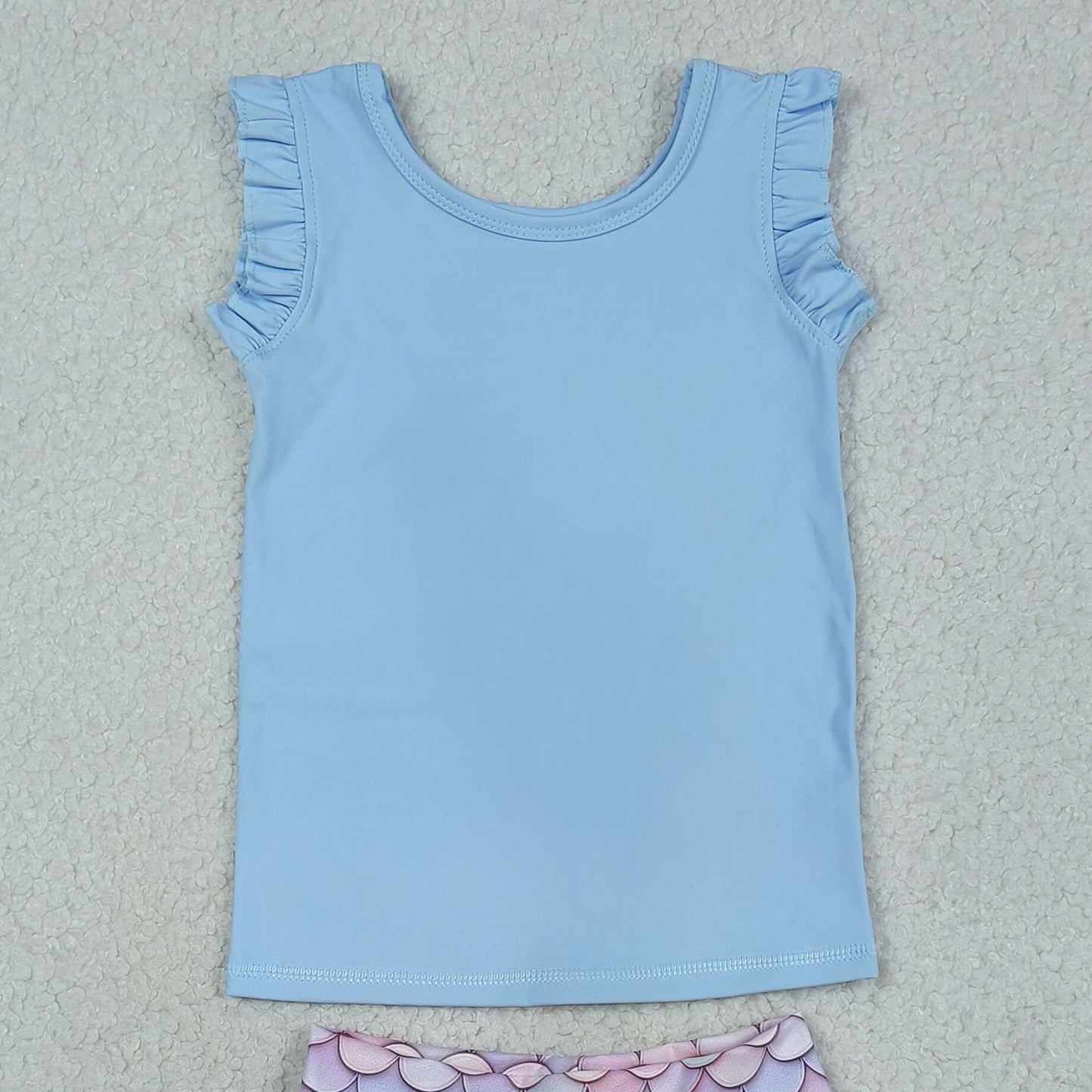 RTS NO MOQ GSD3775 Little Girls Yoga Active Blue Vest Pattern Pocket Short Skirt Daily Set