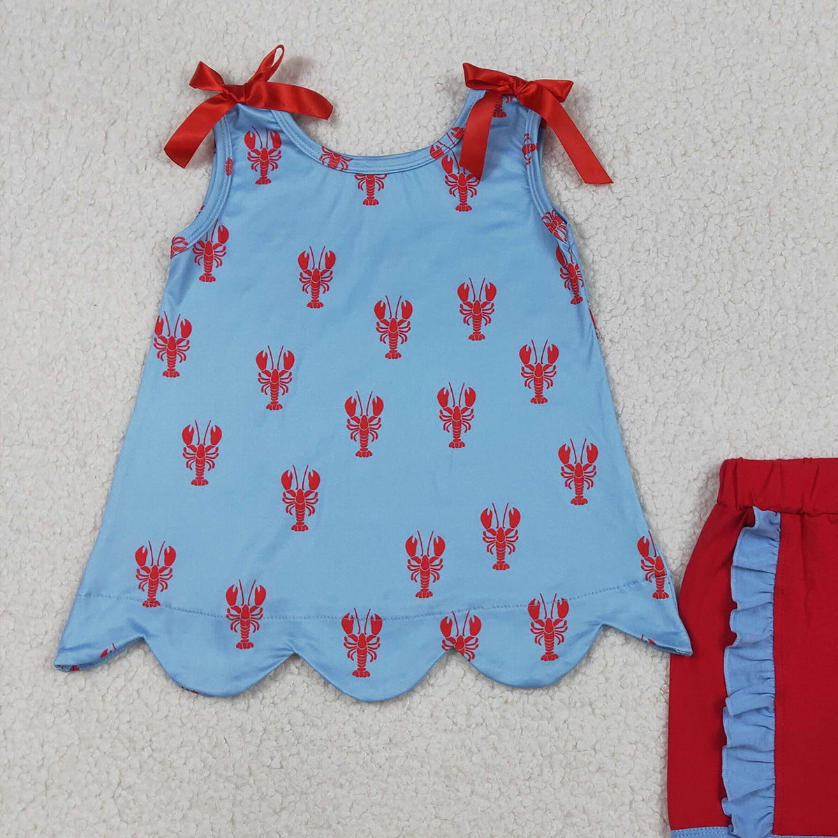 RTS NO MOQ GSSO3050 Baby Girls Sleeveless Crayfishes Scallop Tunic Ruffle Shorts Outfit Set