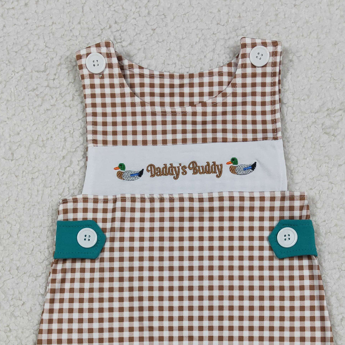 RTS NO MOQ SR3508 Baby Boys Khaki Checked Embroidery Ducks Daddy Buddy Rompers