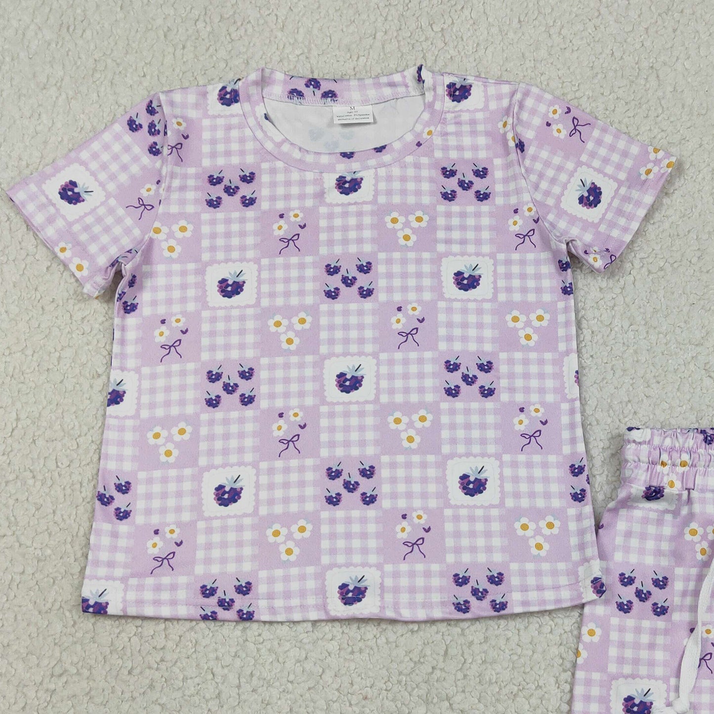 RTS NO MOQ milk silk GSSO3647 Purple Check Floral Short Sleeve Top Short Set