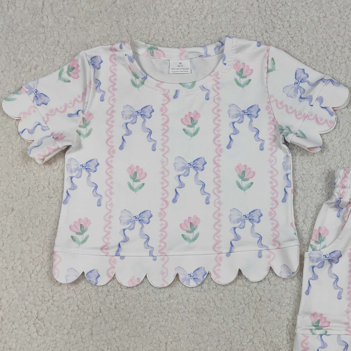 RTS NO MOQ GSSO3272 Baby Girls Blue Bow Short Sleeve Top with Flowers And Stripe Scallop Shorts Outfit Set
