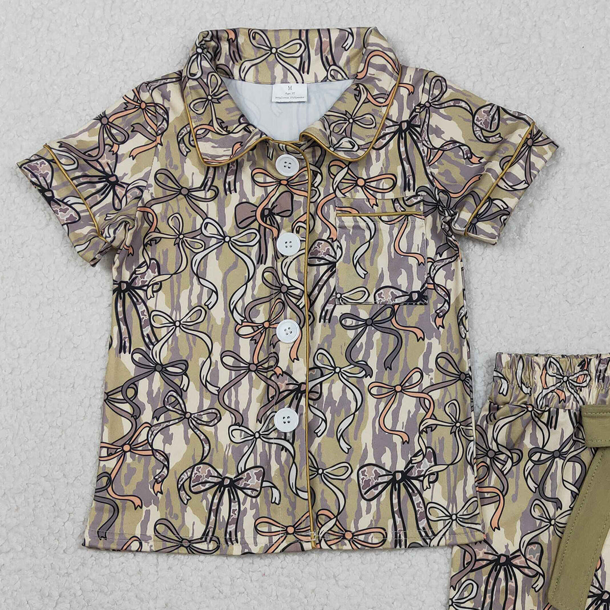 RTS NO MOQ GSSO3126 Baby Girls Southern Olive Camo Pajamas Set with Bows Button Pocket Top And Ruffle Shorts
