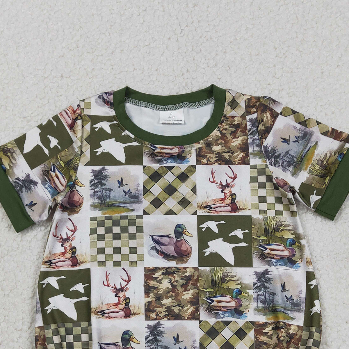 RTS NO MOQ SR3837 Baby Boys Short Sleeve Checked Hunting Rompers Deer Ducks Print