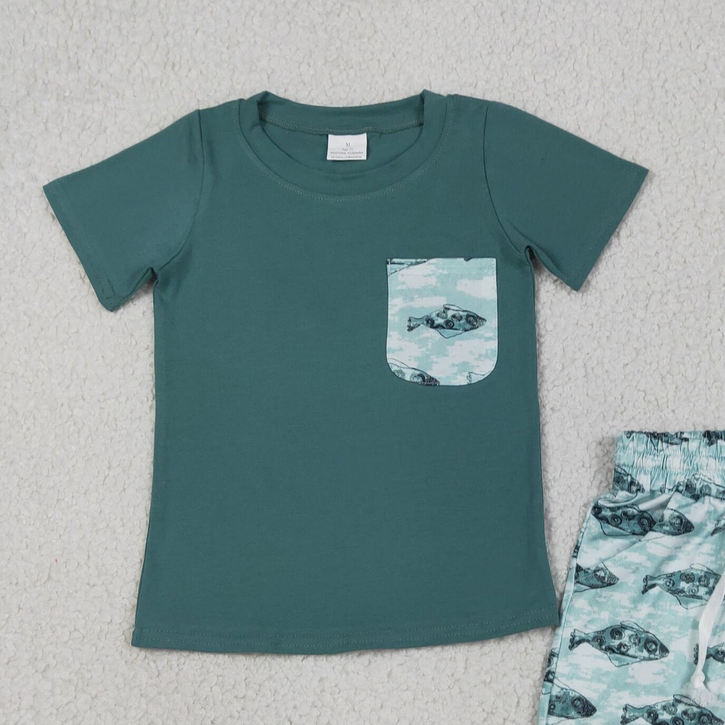 RTS NO MOQ milk silk BSSO0838 Baby Boys Dark Green Hunting Fishes Print Top And Shorts Sets