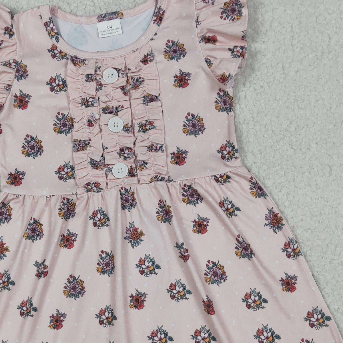 RTS NO MOQ GSD4092 Baby Girls Floral Button Ruffle  Flutter Sleeves Knee-Length Dress(3-4T-10-12T）