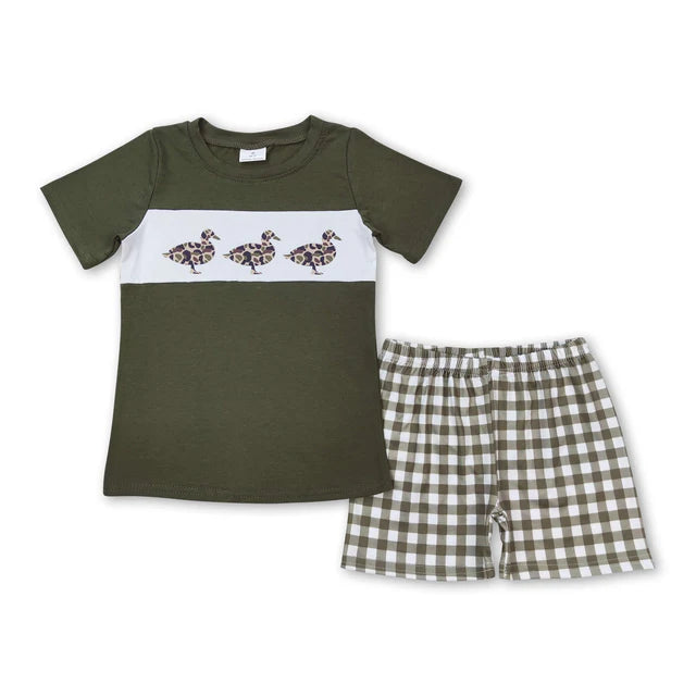 RTS NO MOQ Sibling Baby Boys Leopard Duck Green Shirt Shorts Outfits Clothes Sets