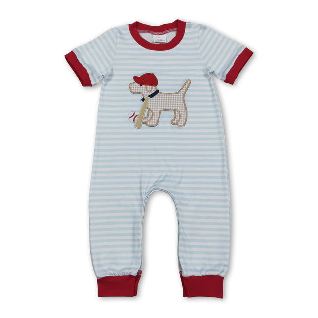 RTS NO MOQ Sibling Baby Boys Embroidery Dog Baseballs Stripe Team Footie Rompers