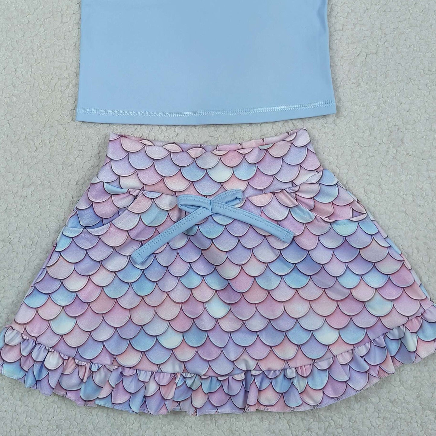 RTS NO MOQ GSD3775 Little Girls Yoga Active Blue Vest Pattern Pocket Short Skirt Daily Set