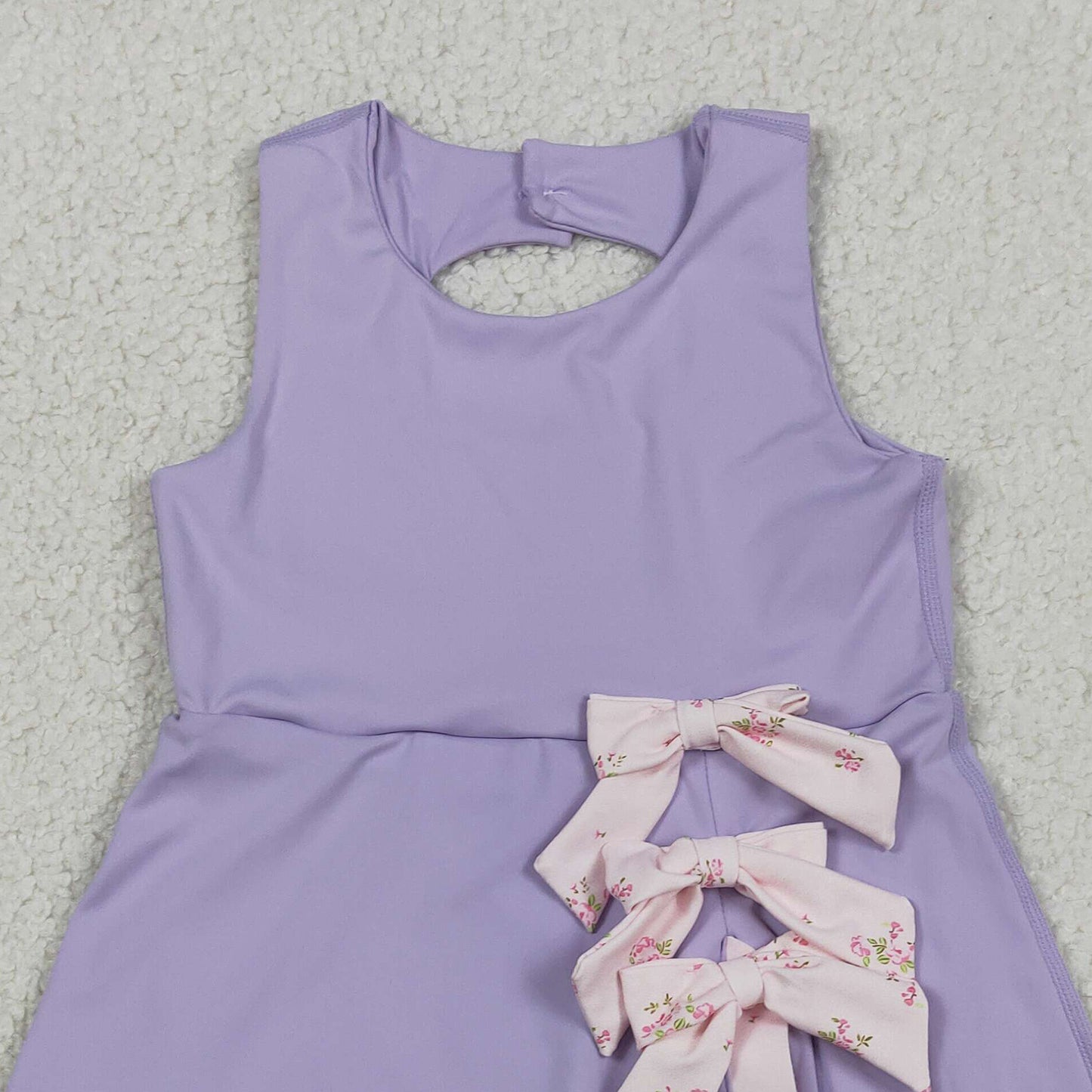 RTS NO MOQ GSD3317 Baby Girls Cute Purple Bows Yoga Scallop Knee Length Dress