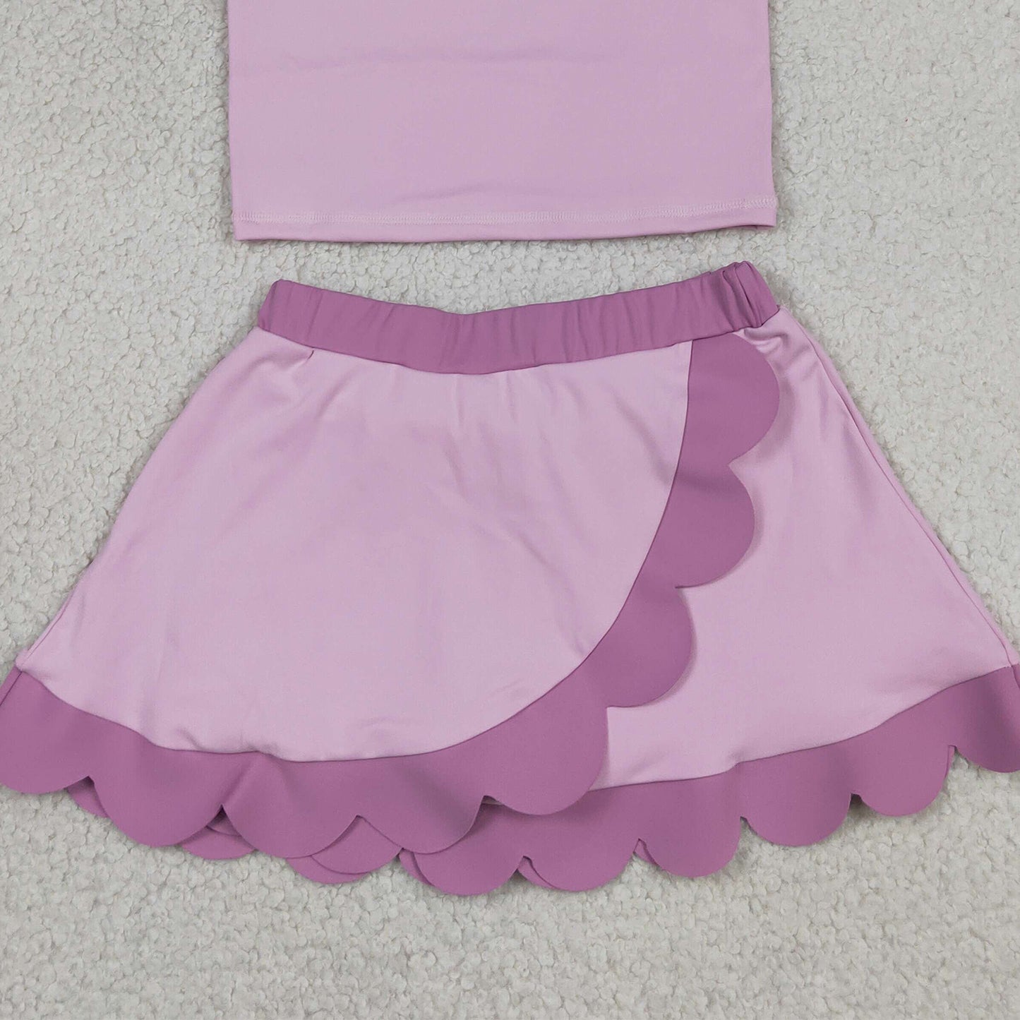 RTS NO MOQ yoga fabric cotton GSD4085 Yoga Baby Girls Yoga Active Pink Vest Scallop Hem Shorts Set