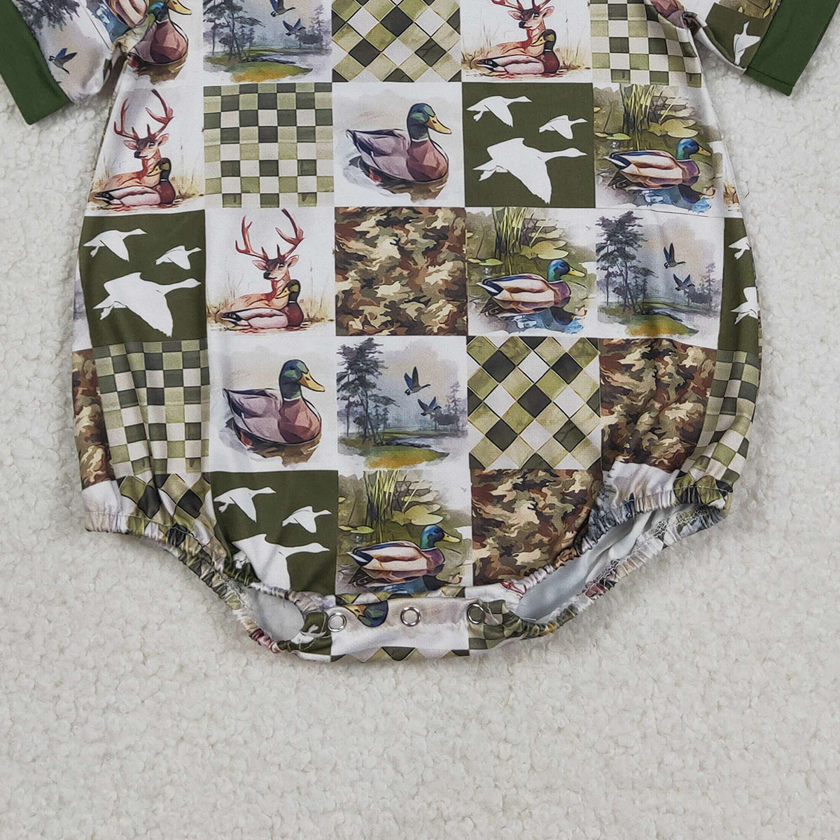 RTS NO MOQ SR3837 Baby Boys Short Sleeve Checked Hunting Rompers Deer Ducks Print