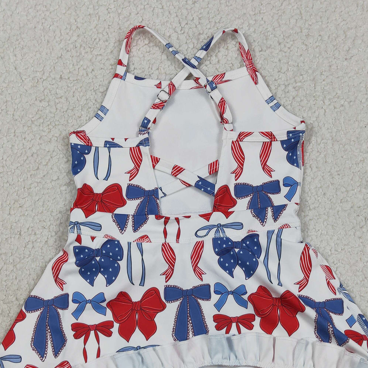 RTS NO MOQ GSD4064 Toddler Girls Blue Red Bows Strap Yoga 4th of July Knee Length Dress