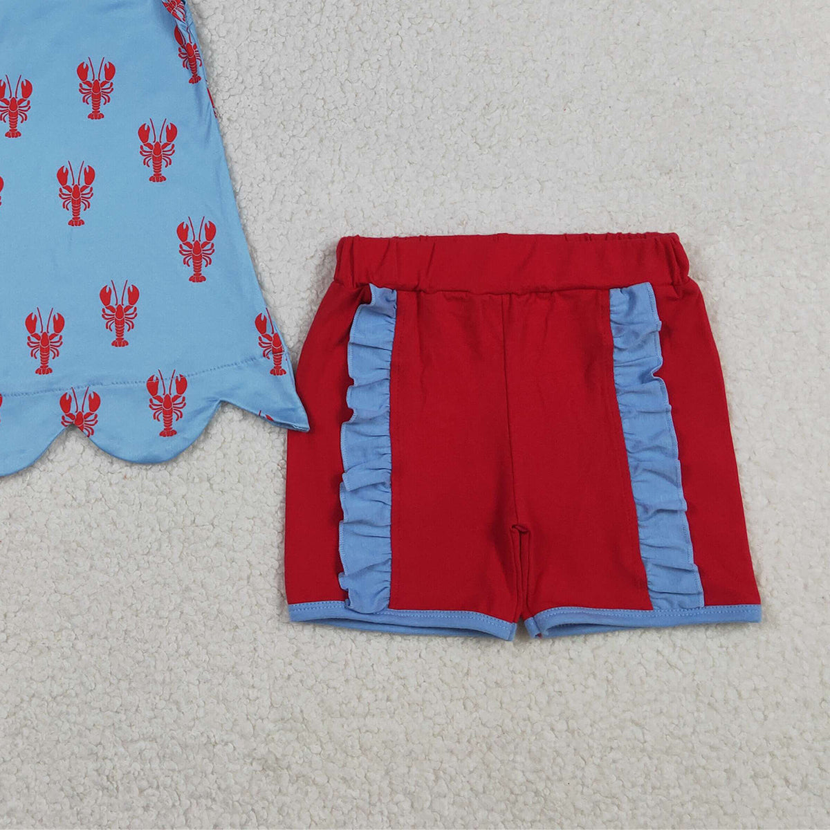 RTS NO MOQ GSSO3050 Baby Girls Sleeveless Crayfishes Scallop Tunic Ruffle Shorts Outfit Set
