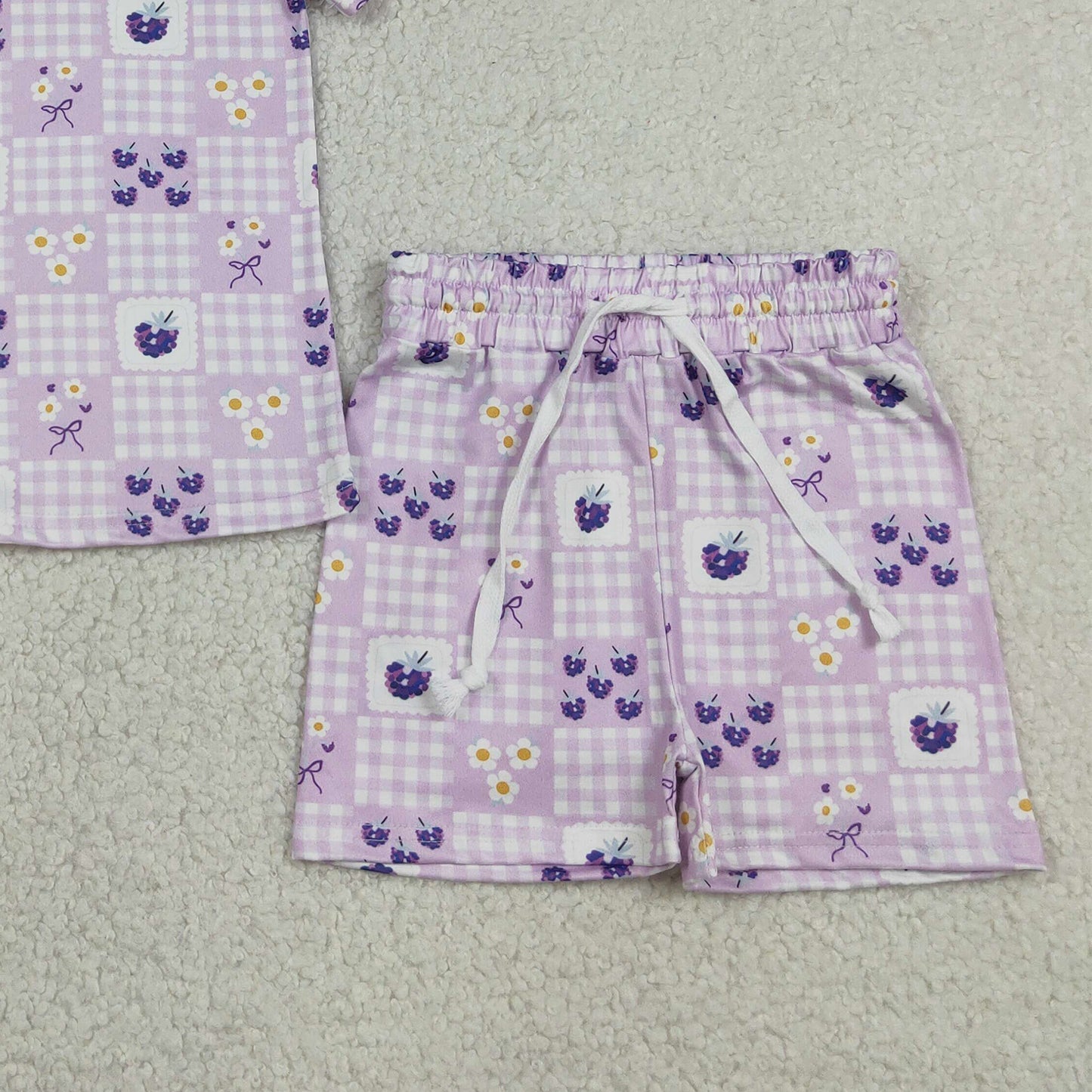 RTS NO MOQ milk silk GSSO3647 Purple Check Floral Short Sleeve Top Short Set