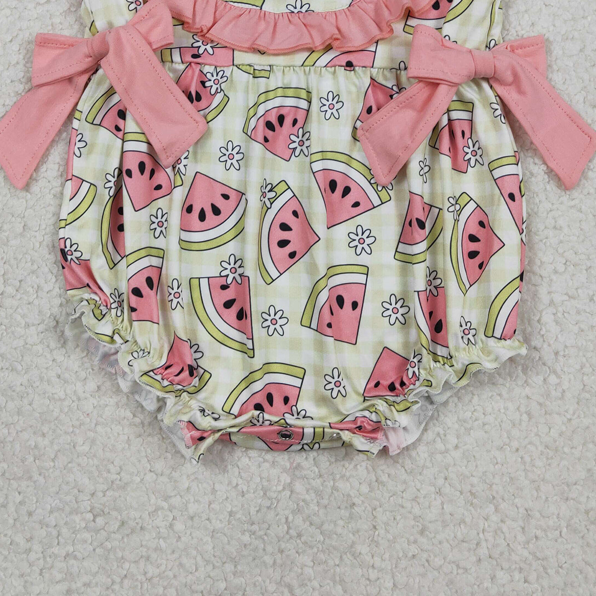 RTS NO MOQ SR3920 Baby Girls Sleeveless Rompers Green Checked with Watermelons Print Ruffle Design for Infants