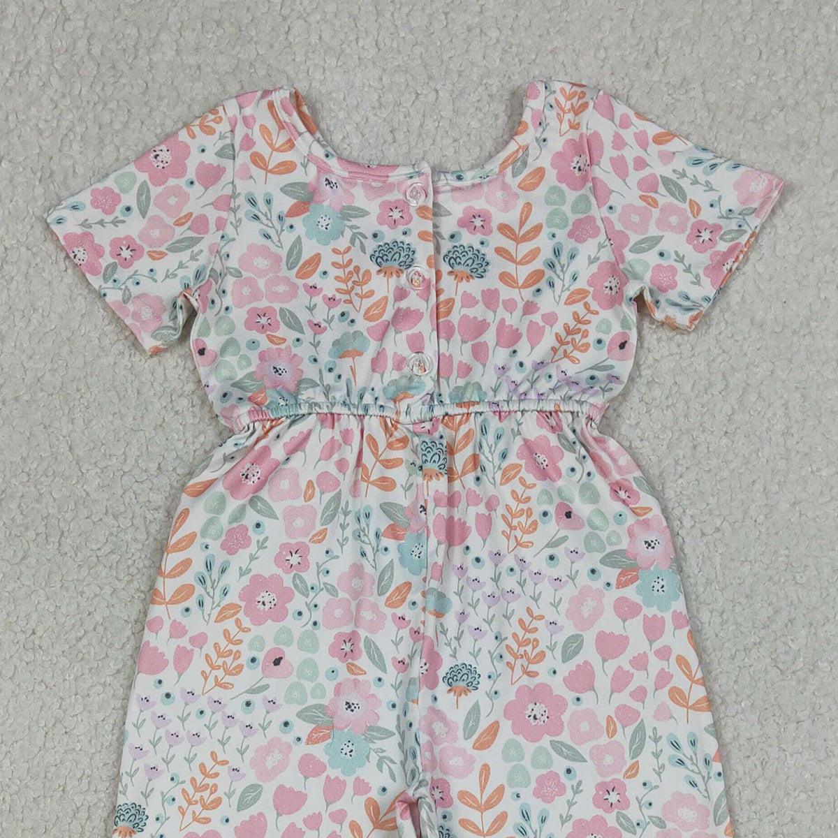RTS NO MOQ SR3987 Baby Girls Pink Floral Short Sleeve Jumpsuit with Pockets Cute Outfit for Little Ones