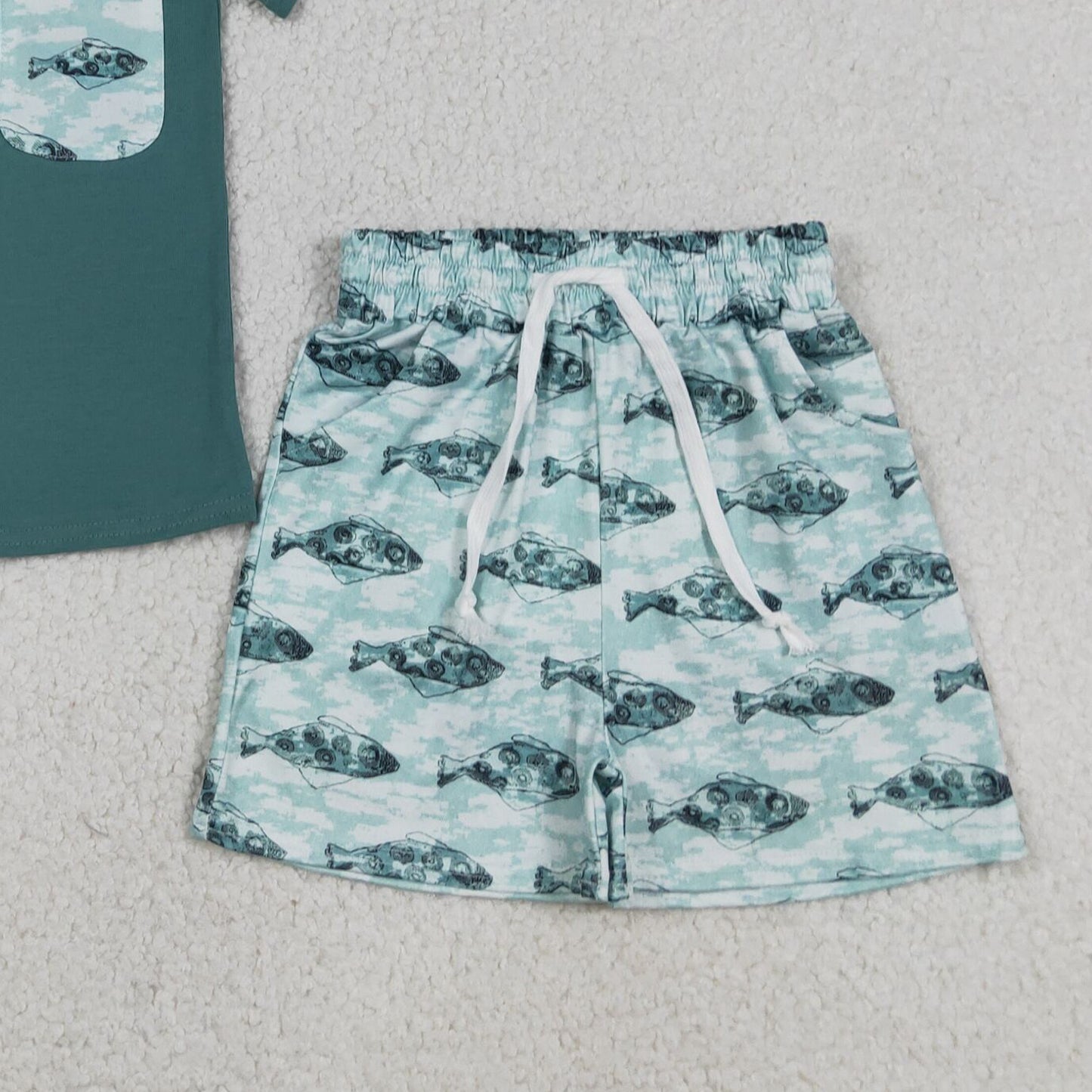 RTS NO MOQ milk silk BSSO0838 Baby Boys Dark Green Hunting Fishes Print Top And Shorts Sets