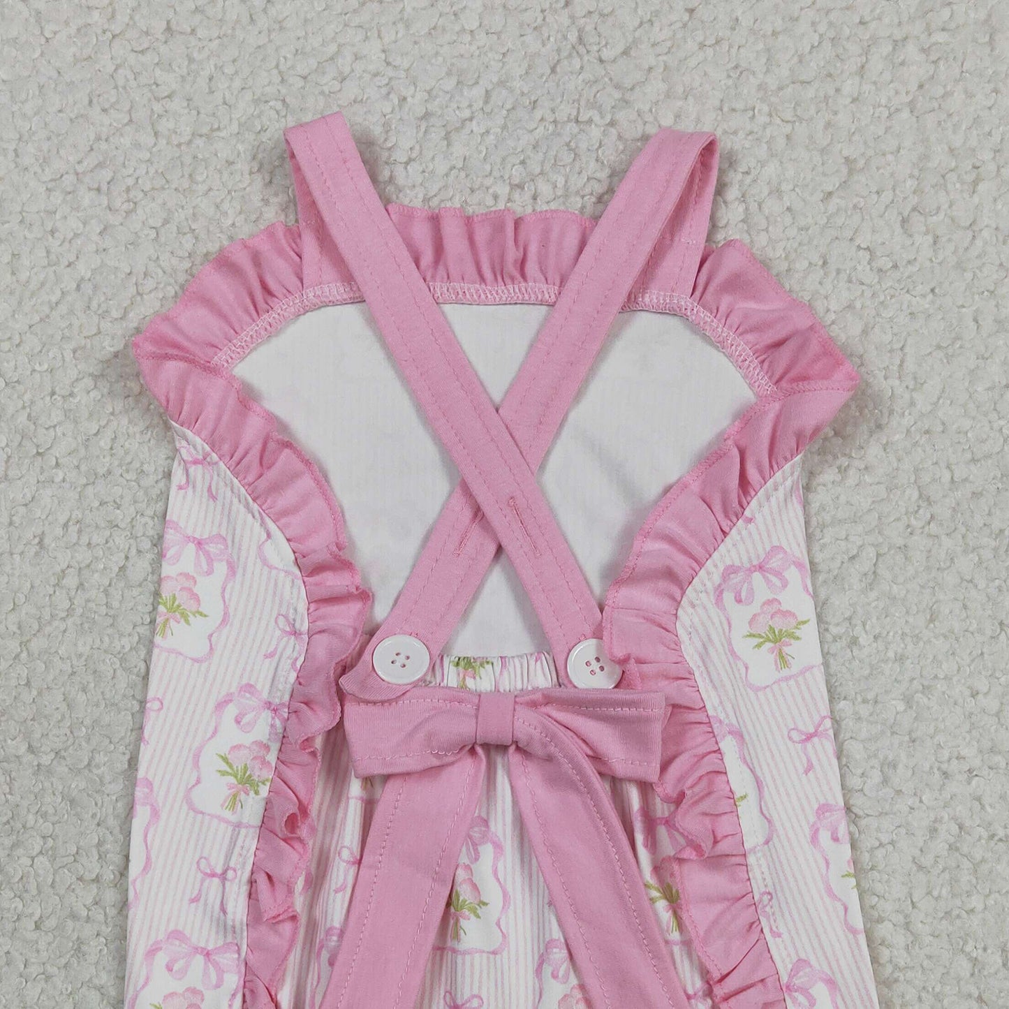 RTS NO MOQ SR4112 Baby Girls Pink Strap Floral Back Bows Ruffle Sleeveless Rompers