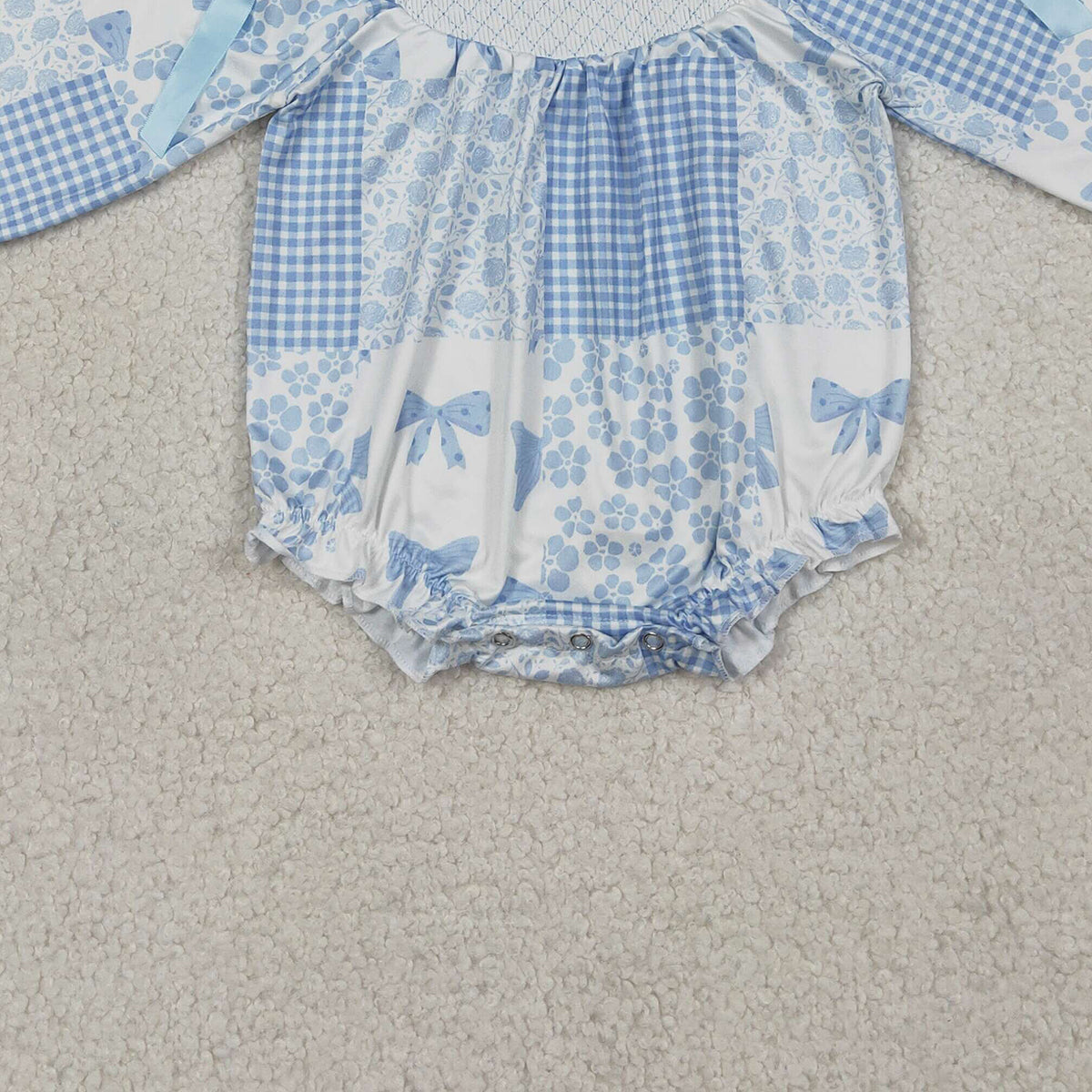 RTS NO MOQ LR2931 Smocked Checked Baby Girls Rompers with Blue Bows And Flowers Ruffle Cute Infant Outfit