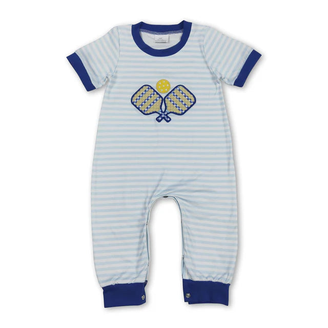 RTS NO MOQ Sibling Baby Boys Embroidery Dog Baseballs Stripe Team Footie Rompers