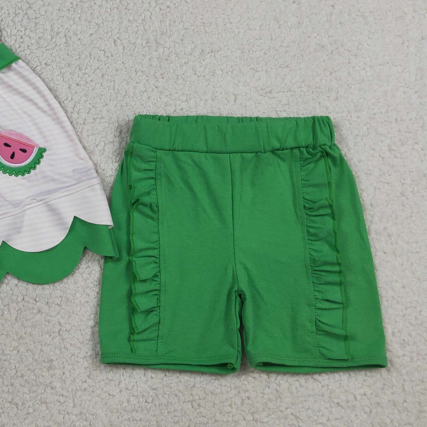 RTS NO MOQ milk silk GSSO3164 Baby Girls Watermelon Embroidery Scallop Tunic Ruffle Shorts Set