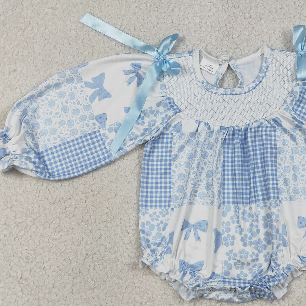RTS NO MOQ LR2931 Smocked Checked Baby Girls Rompers with Blue Bows And Flowers Ruffle Cute Infant Outfit
