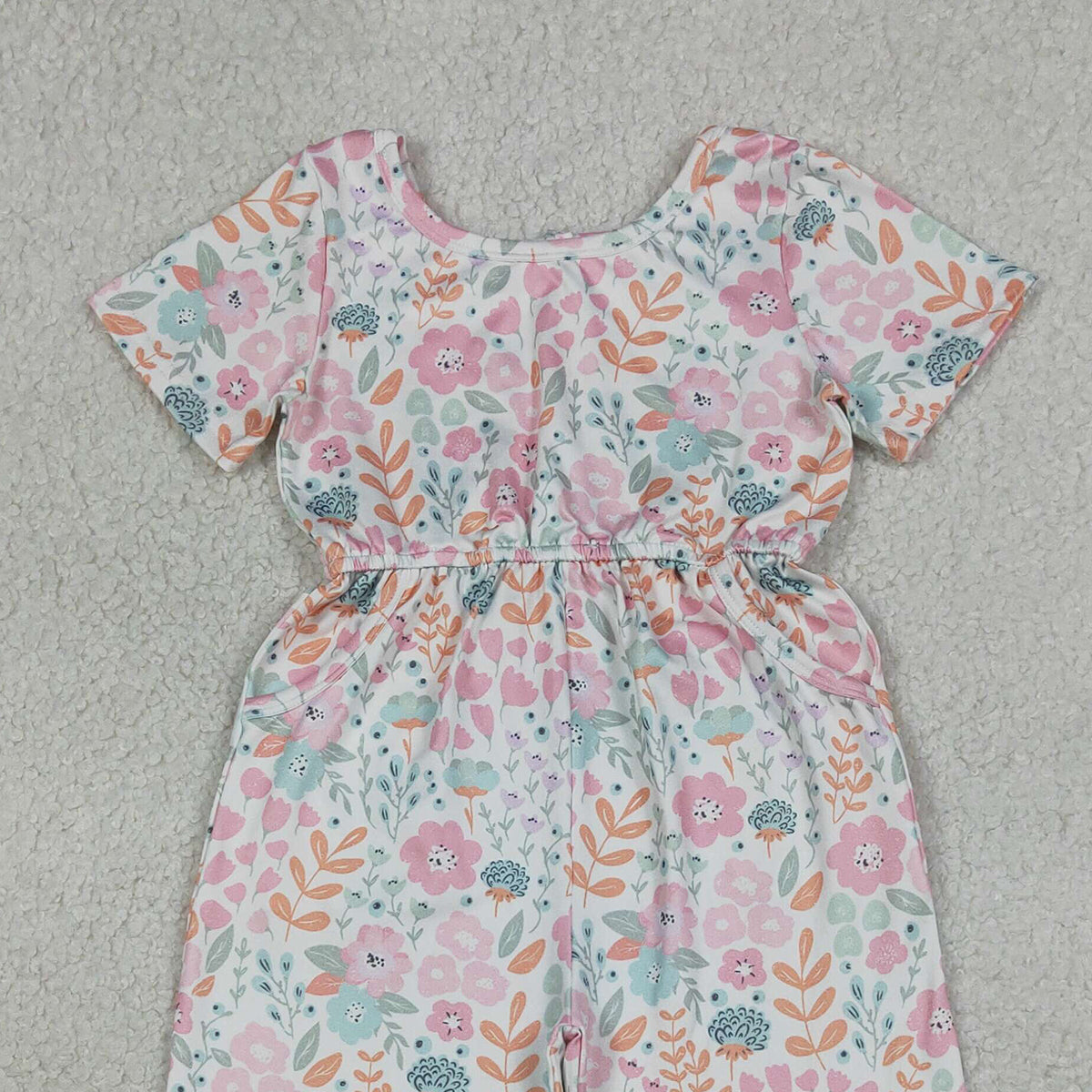 RTS NO MOQ SR3987 Baby Girls Pink Floral Short Sleeve Jumpsuit with Pockets Cute Outfit for Little Ones