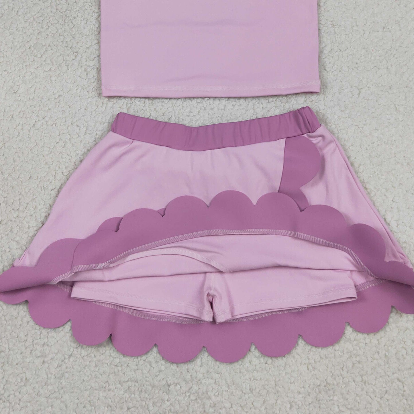 RTS NO MOQ yoga fabric cotton GSD4085 Yoga Baby Girls Yoga Active Pink Vest Scallop Hem Shorts Set