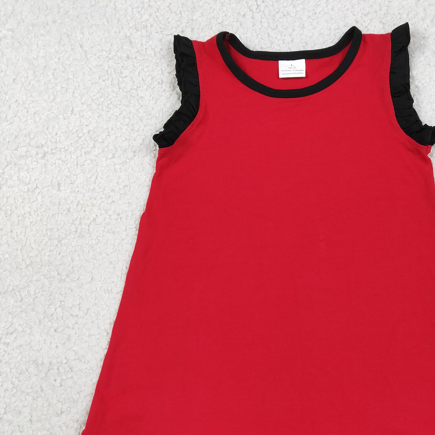 RTS NO MOQ cotton GSD4057 Baby Girls Black Red Two Tone Sleeveless Dress With Scallop Edge