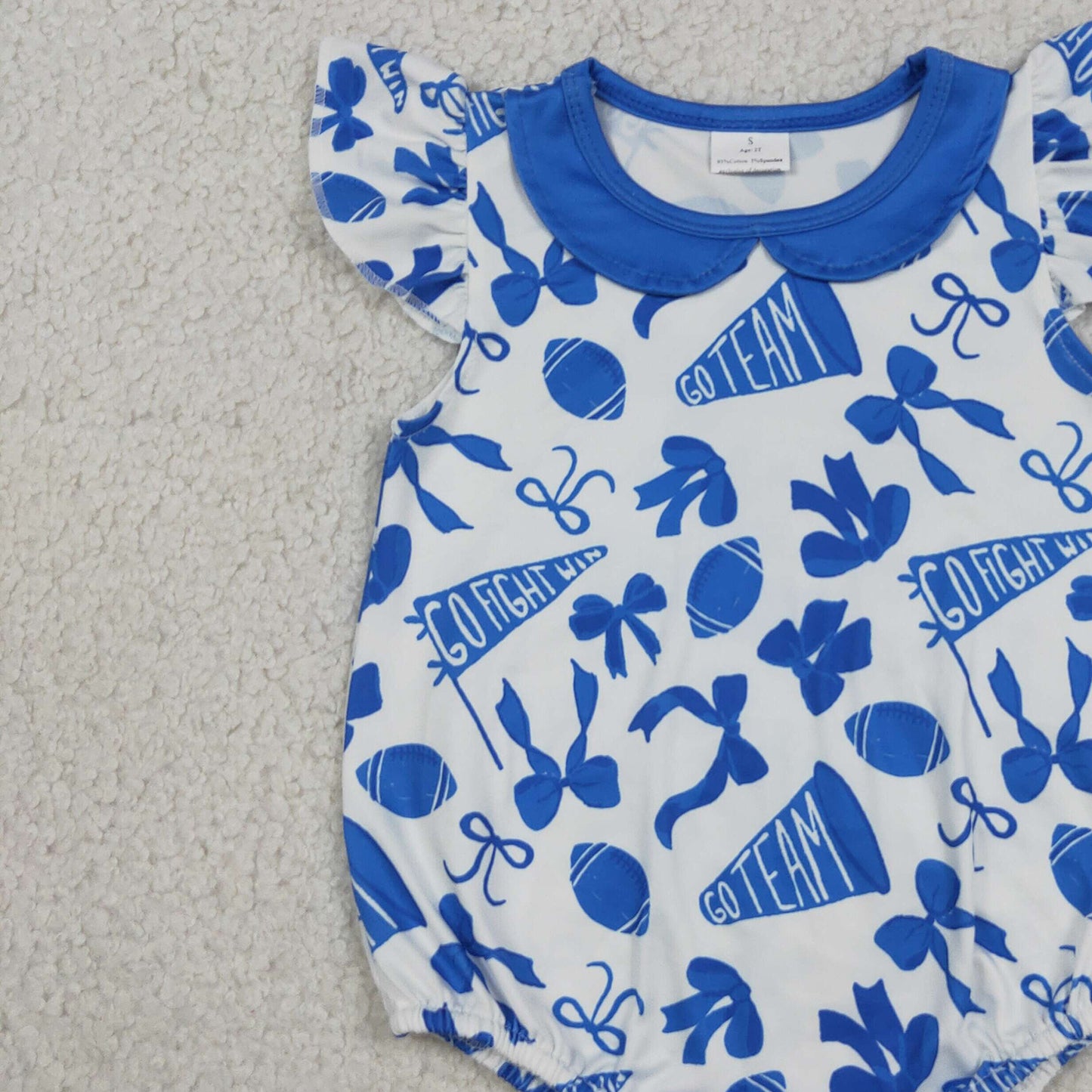 RTS NO MOQ milk silk SR3192 Baby Girls Cute Blue Cheer Team Flutter Sleeve Ruffle Rompers