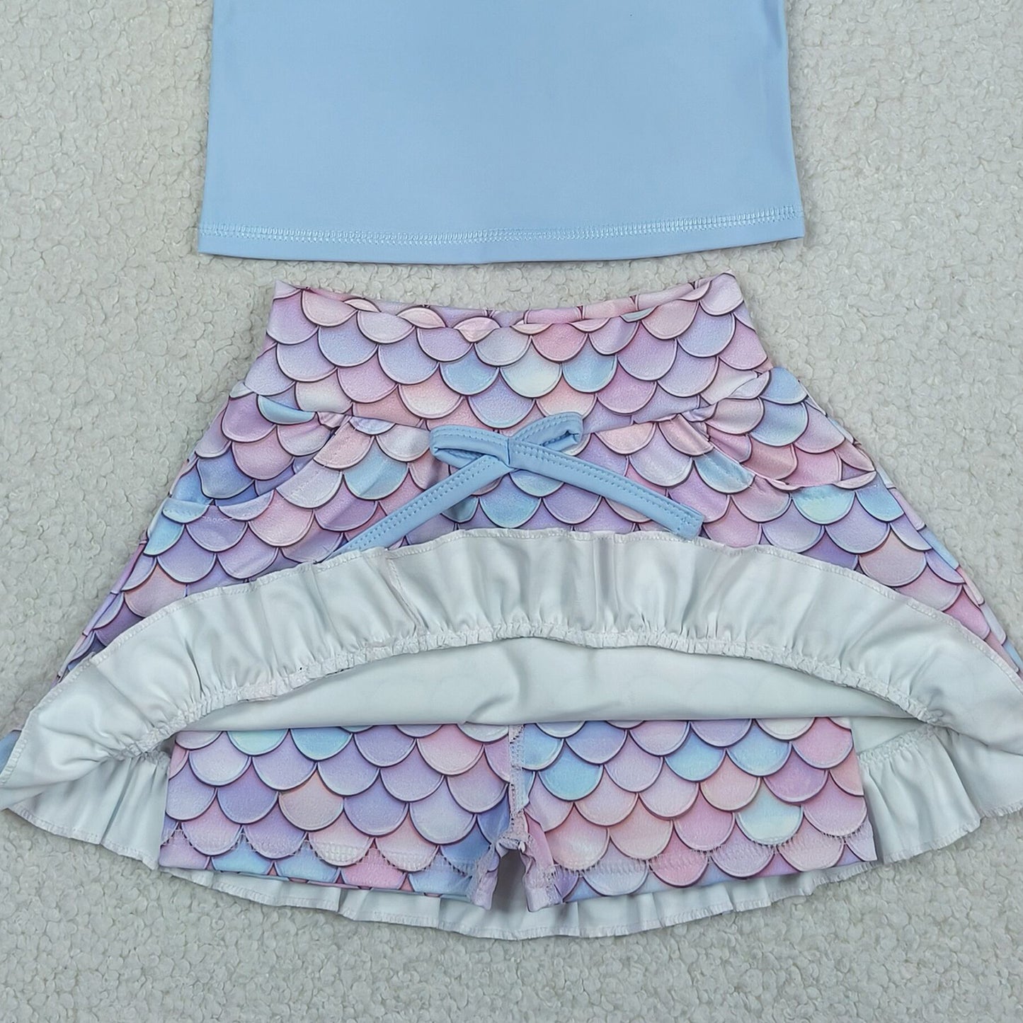 RTS NO MOQ GSD3775 Little Girls Yoga Active Blue Vest Pattern Pocket Short Skirt Daily Set