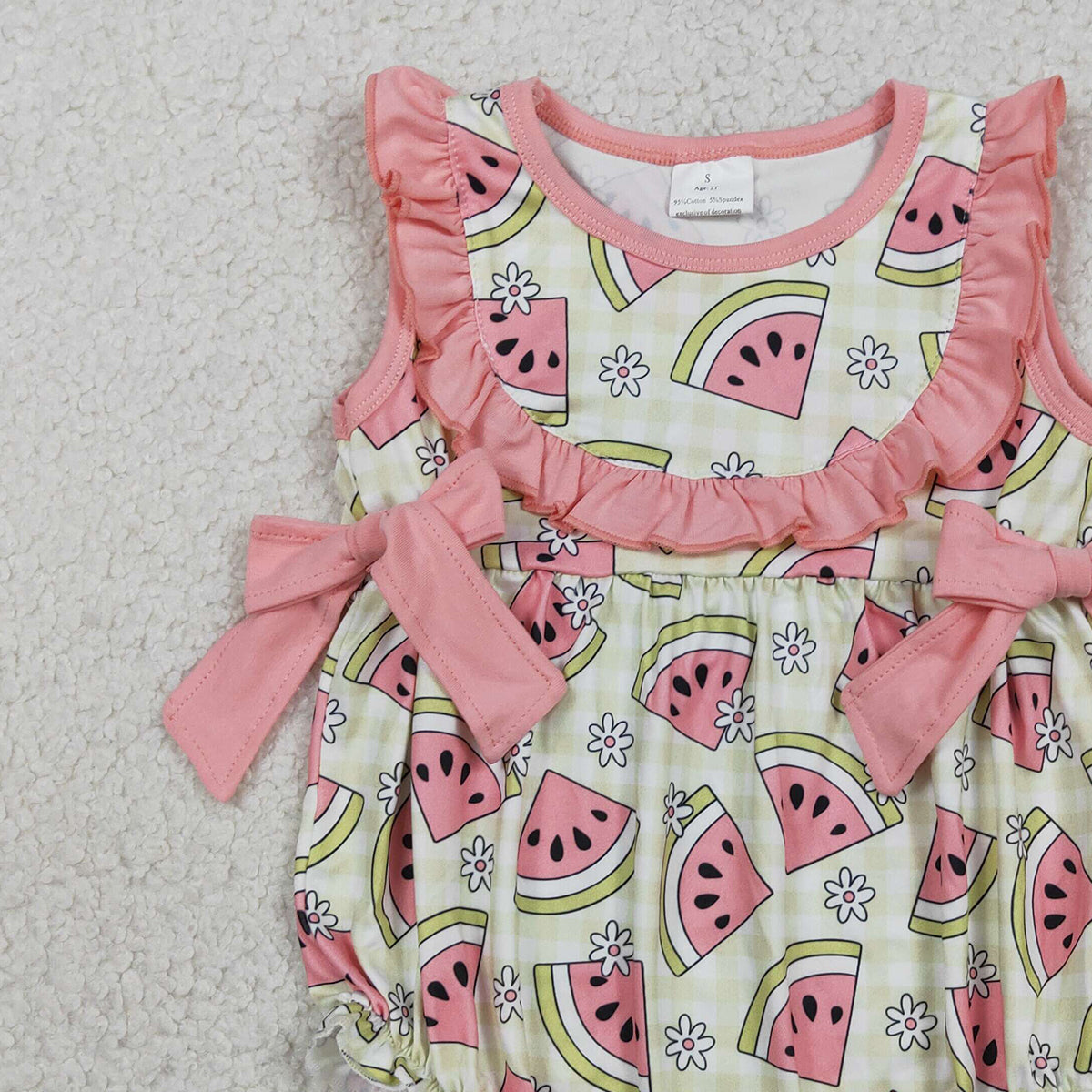RTS NO MOQ SR3920 Baby Girls Sleeveless Rompers Green Checked with Watermelons Print Ruffle Design for Infants