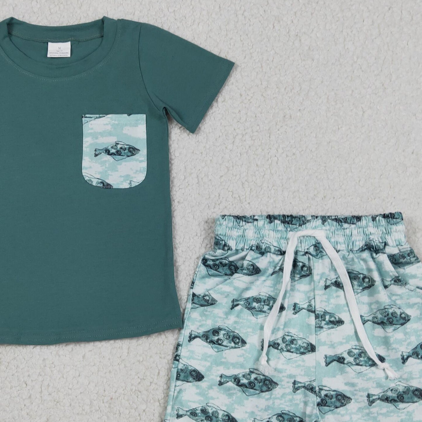 RTS NO MOQ milk silk BSSO0838 Baby Boys Dark Green Hunting Fishes Print Top And Shorts Sets