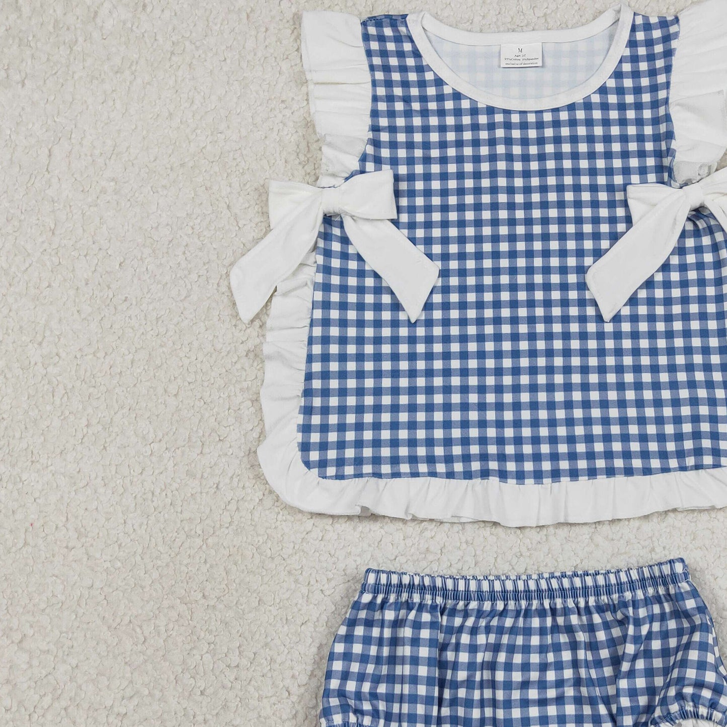 RTS NO MOQ Sibling milk silk Baby Girls Checked Bows Tunic Bummies Clothes Sets