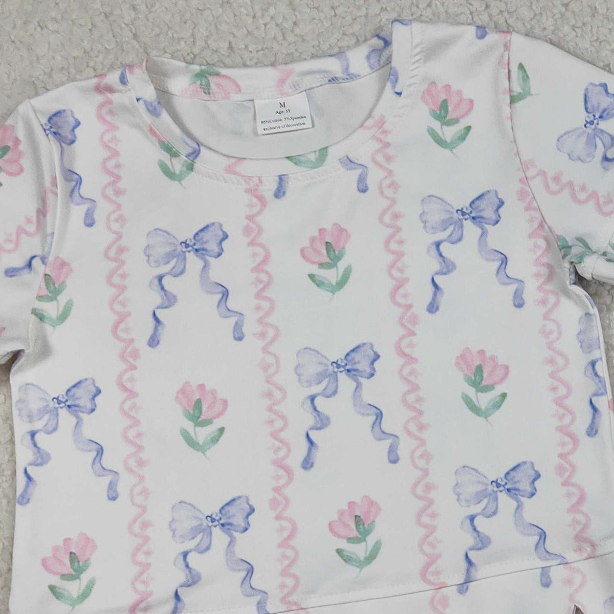 RTS NO MOQ GSSO3272 Baby Girls Blue Bow Short Sleeve Top with Flowers And Stripe Scallop Shorts Outfit Set