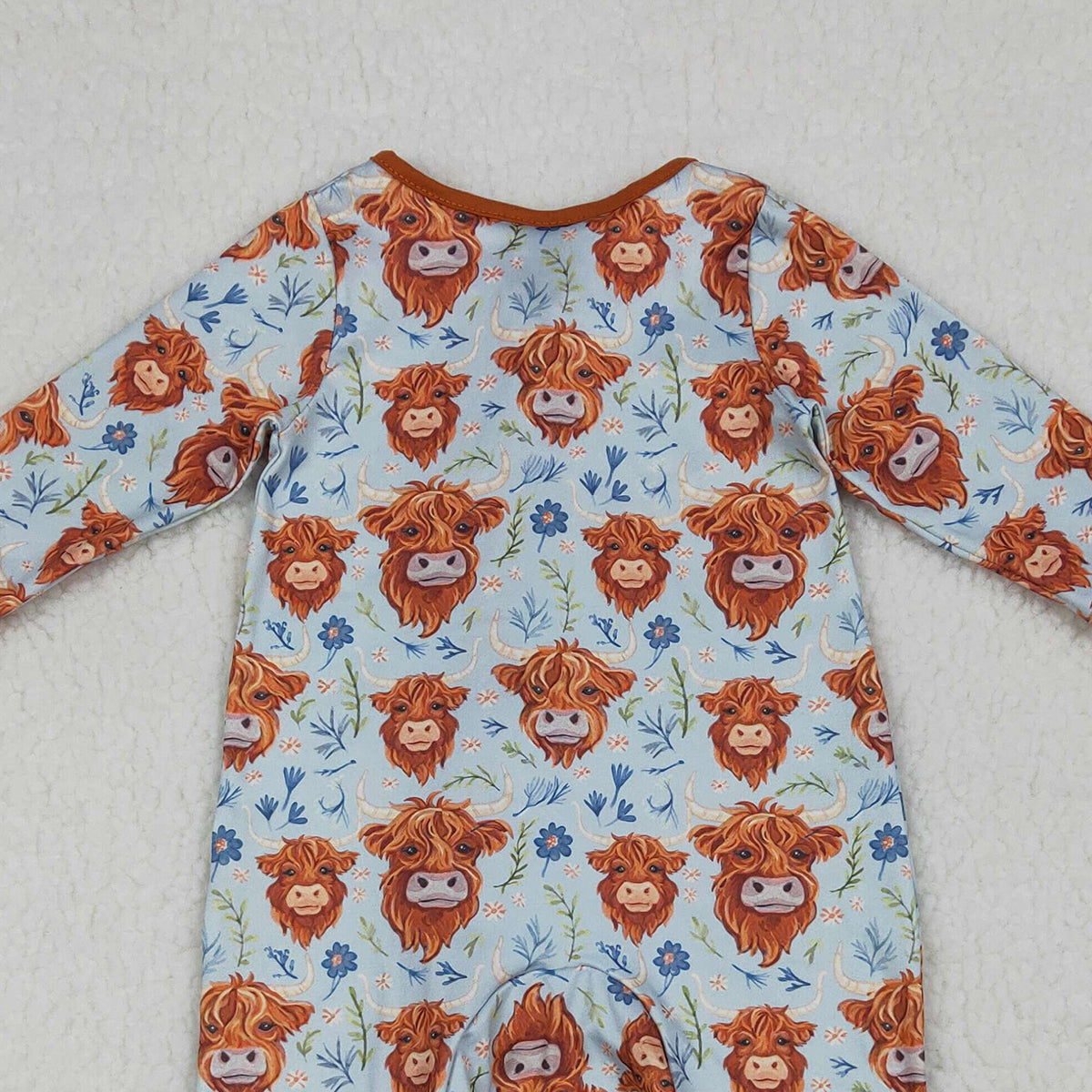 RTS NO MOQ LR1787 Baby Girls Rompers Highland Cows Flowers Western Design Two-Way Zipper Closure Outfit for Infants