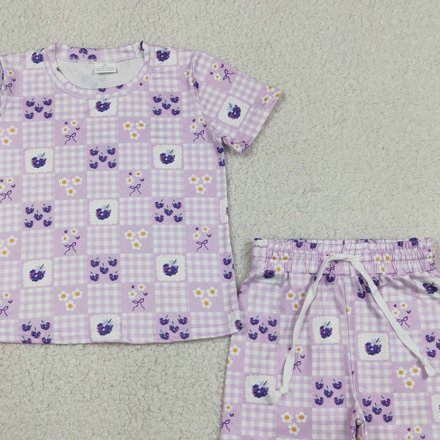 RTS NO MOQ milk silk GSSO3647 Purple Check Floral Short Sleeve Top Short Set