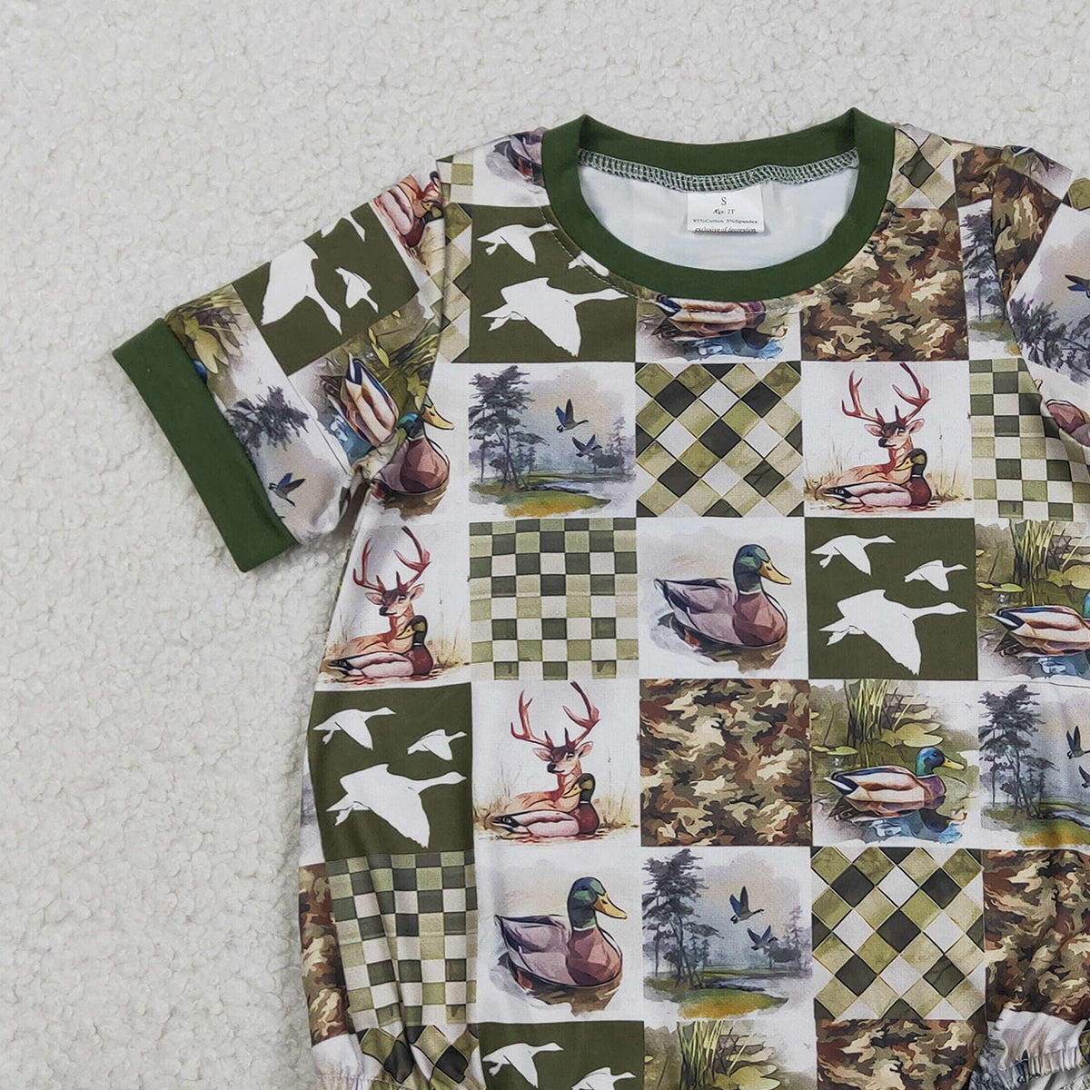 RTS NO MOQ SR3837 Baby Boys Short Sleeve Checked Hunting Rompers Deer Ducks Print