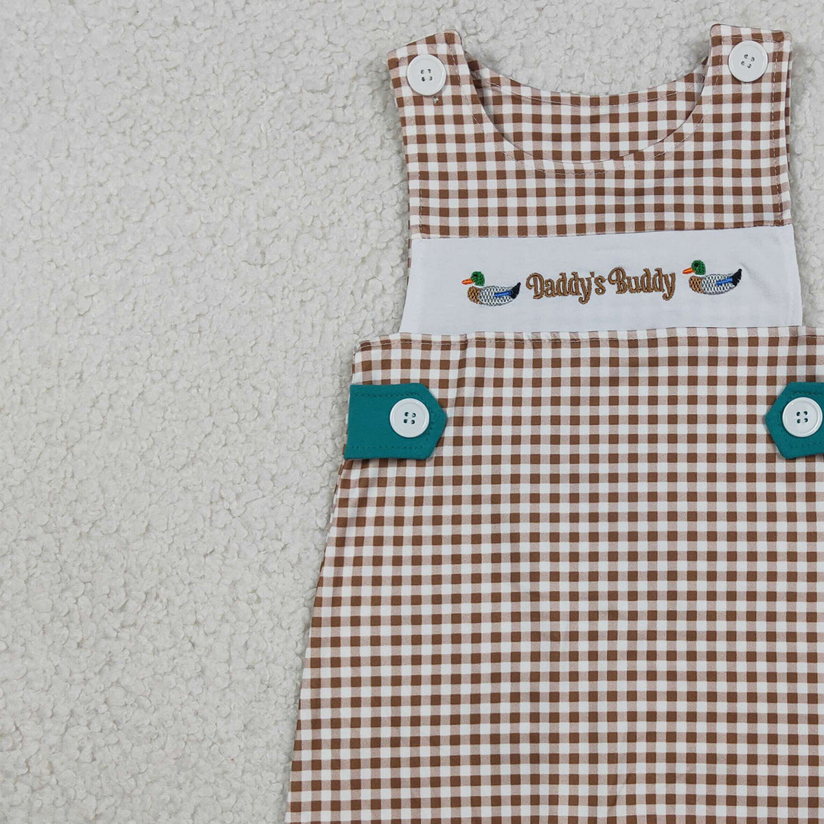 RTS NO MOQ SR3508 Baby Boys Khaki Checked Embroidery Ducks Daddy Buddy Rompers