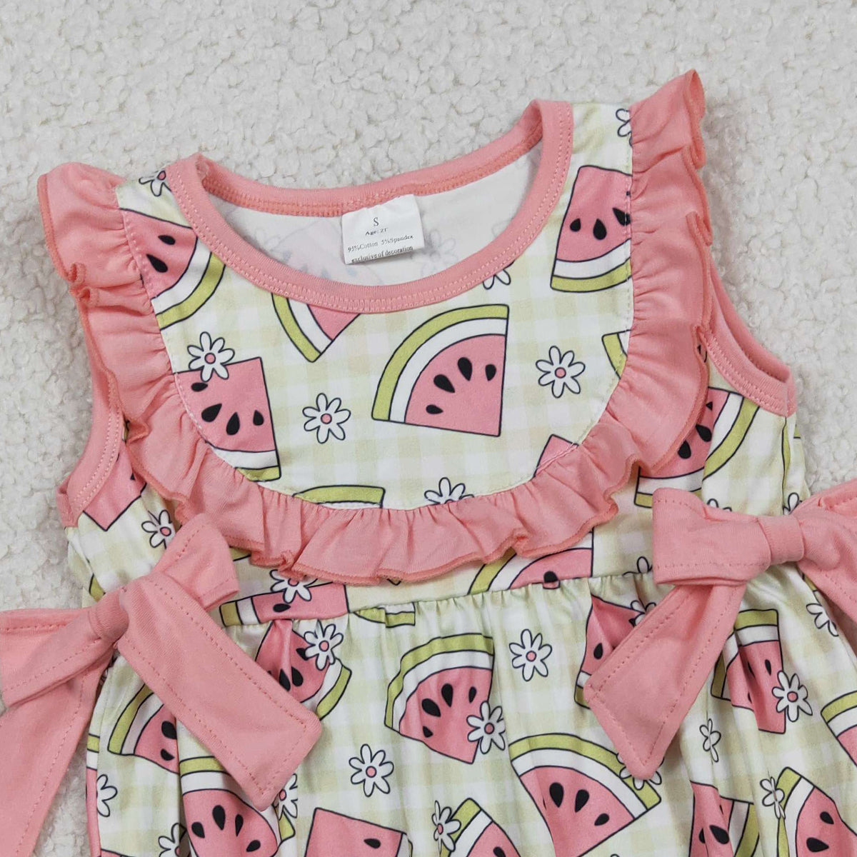 RTS NO MOQ SR3920 Baby Girls Sleeveless Rompers Green Checked with Watermelons Print Ruffle Design for Infants